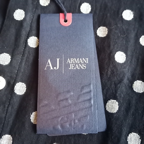 NWT New Armani Jeans $195 Navy White Linen-look Polka Dot button up shirt XS (4) - Picture 3 of 11